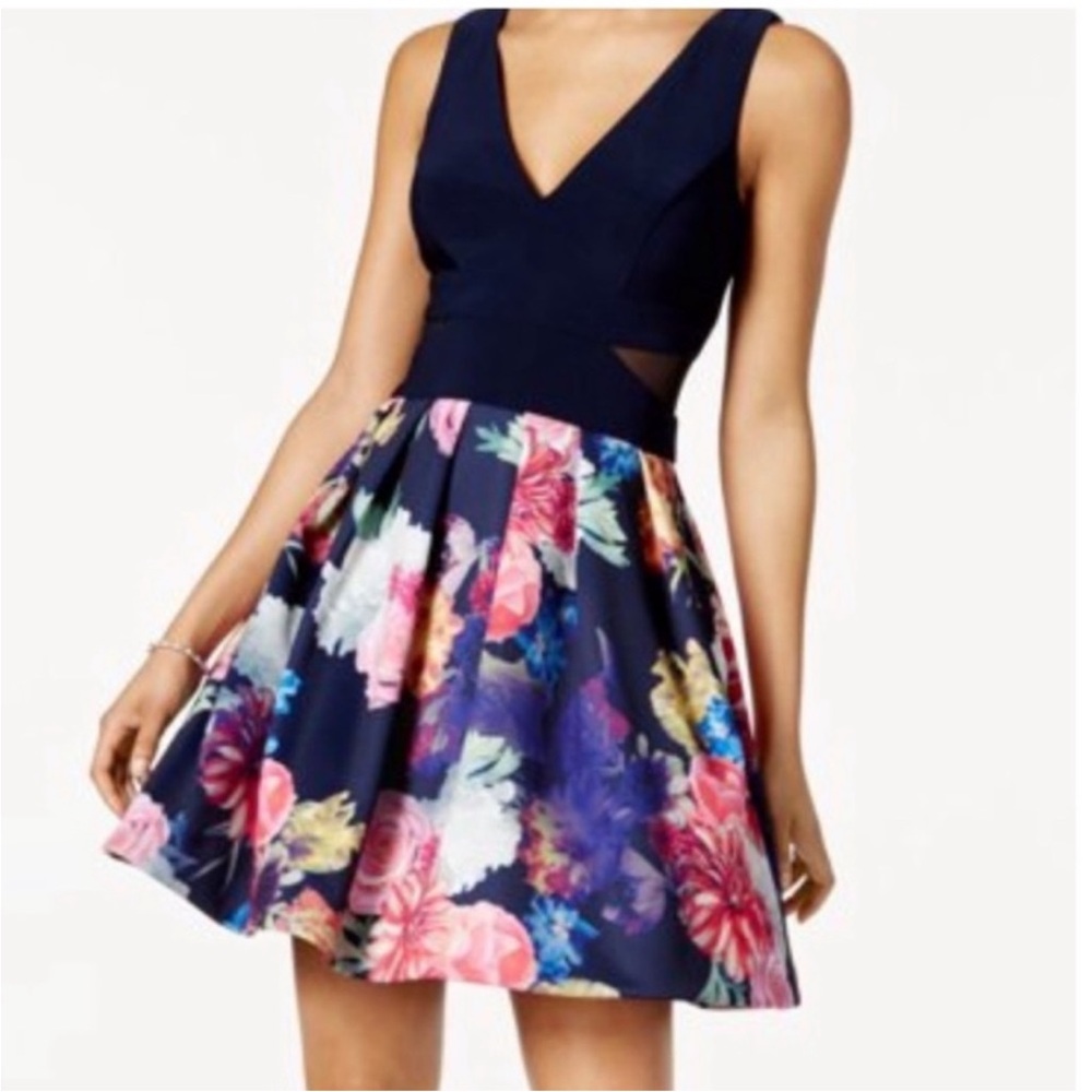 Xscape Fit & Flare Floral Cocktail Dress Cutout Mesh Sleeveless Navy Sz 2